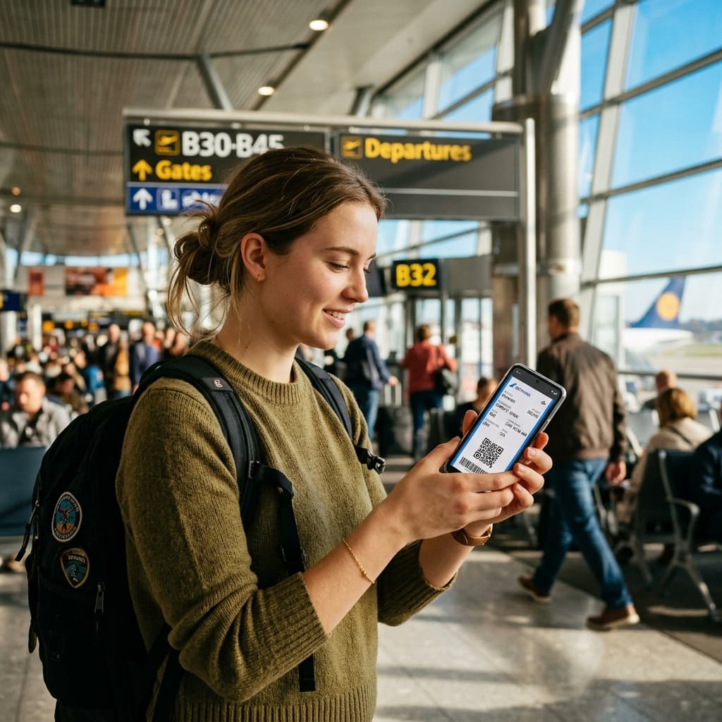 Jeune femme souriante tenant son smartphone avec un billet d'avion électronique dans un terminal d'aéroport