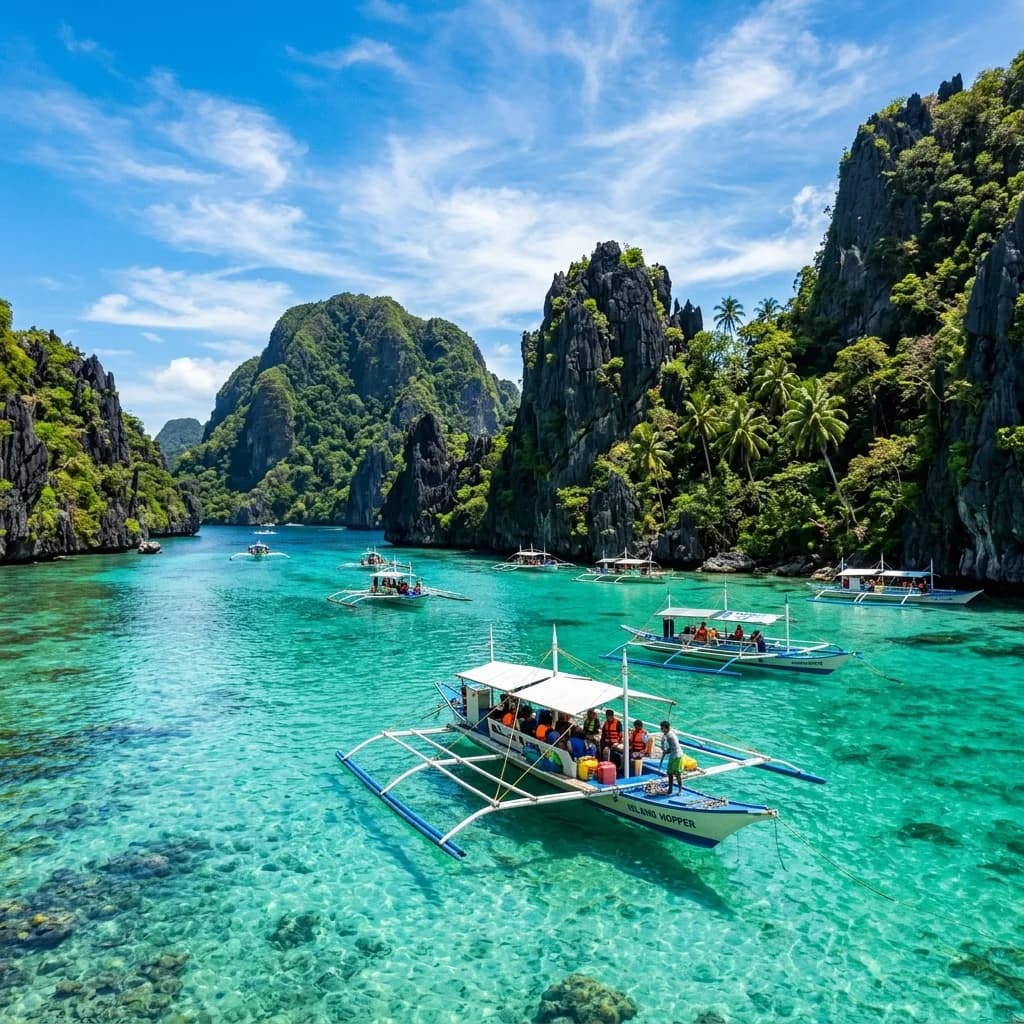 Spectacular karst cliffs of El Nido and emerald sea