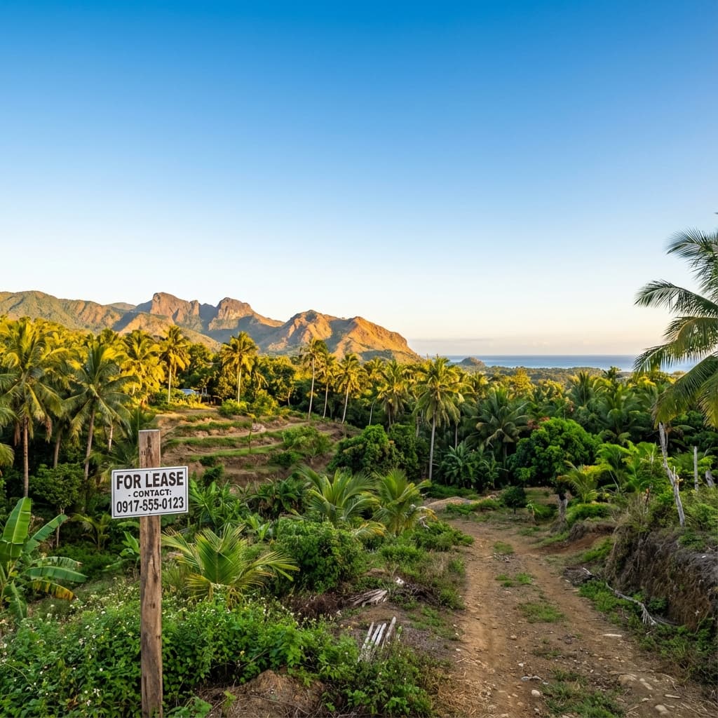 Vue panoramique d'un terrain tropical aux Philippines avec plage et montagnes
