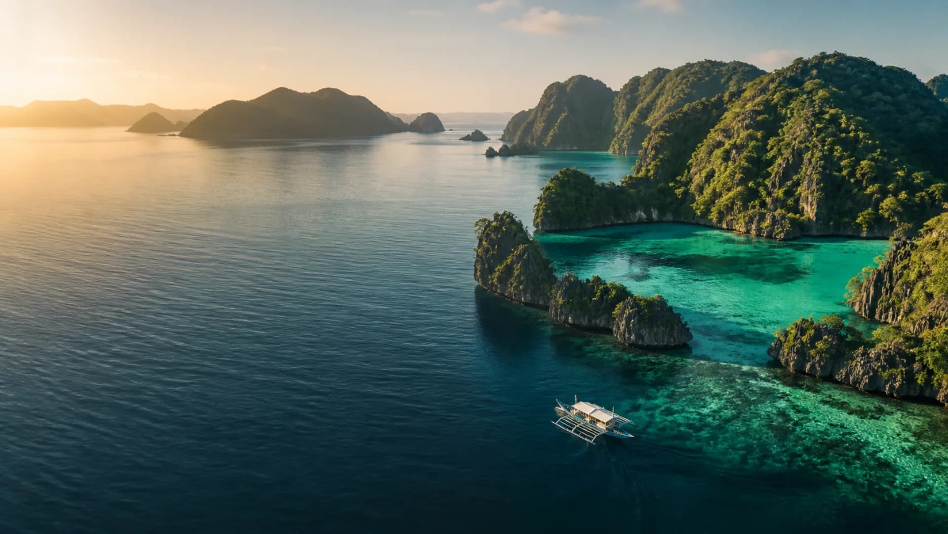 Lagons et îles de Palawan aux Philippines vus du ciel avec une banca traditionnelle